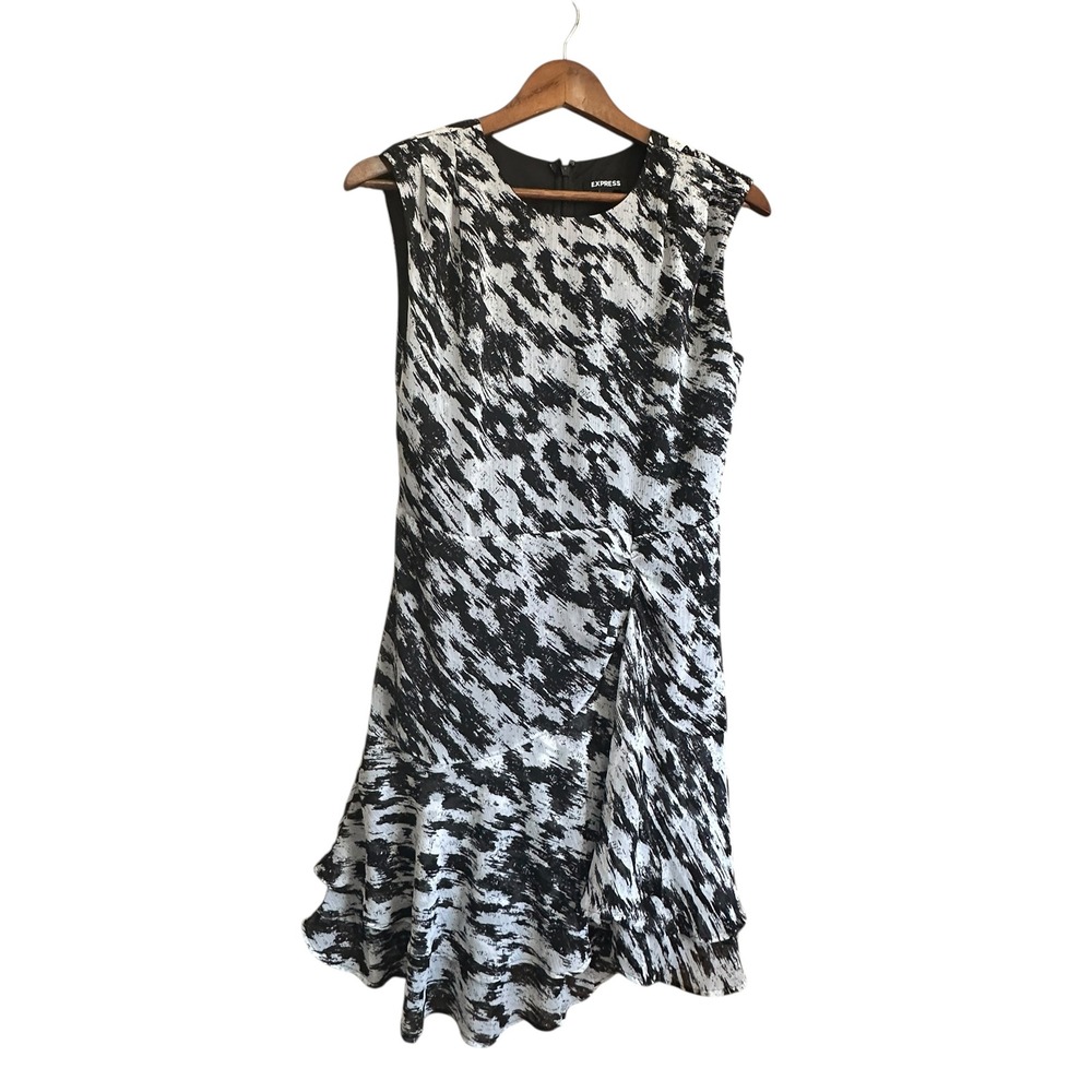 EXPRESS Black White Abstract Print Sleeveless Ruffle Hem Midi Dress Women Size S